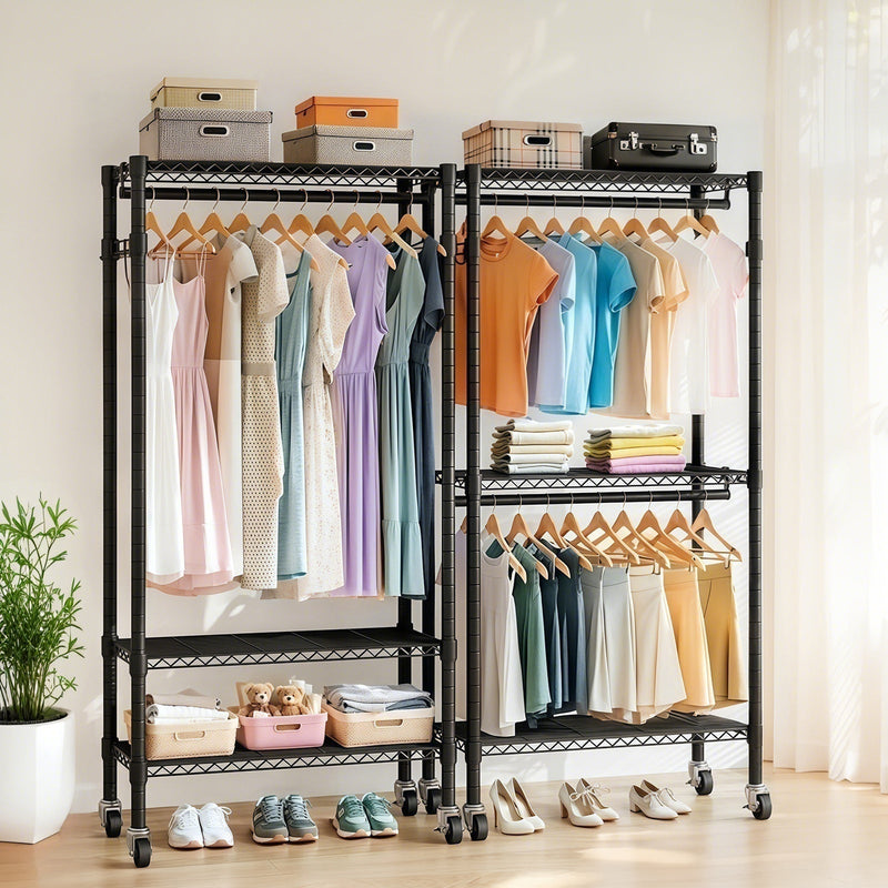 Heavy Duty Rolling Clothes Rack with 3 Tier Shelves, 2 Rails & Side Hooks, Adjustable Freestanding Organizer, Black Metal