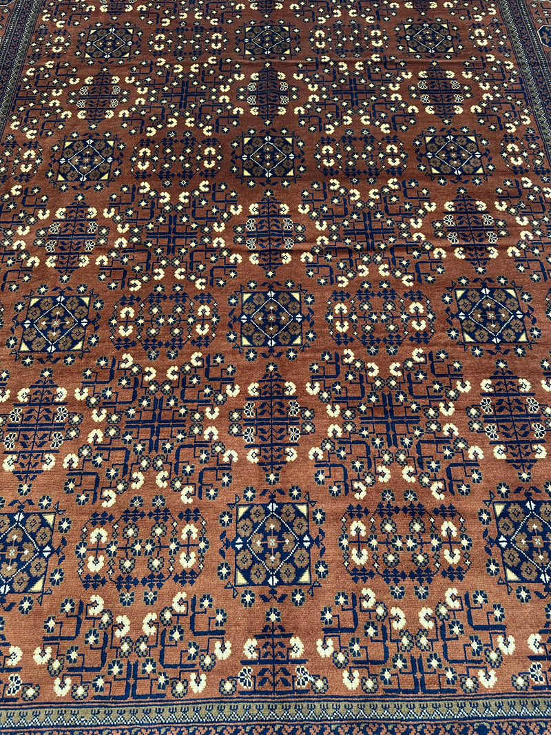 Hand-Knotted Afghani Bukharayi Rug | 6'7" x 10' Wool Area Carpet – Traditional Geometric Design