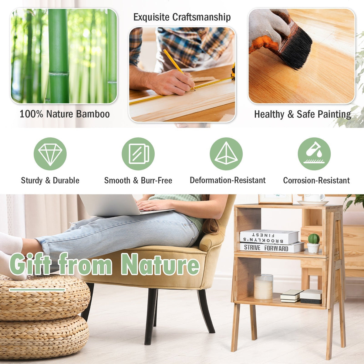 2 Pieces Bamboo Nightstand Sofa Table with Storage Shelf, photo 8 of 8