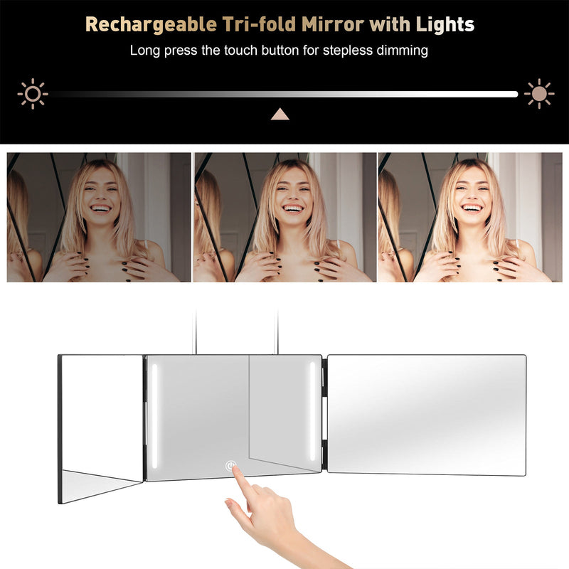 3 Way Mirror with LED Lights for Hair Cutting, 360 Degree Trifold Mirror with Height Adjustable Hooks