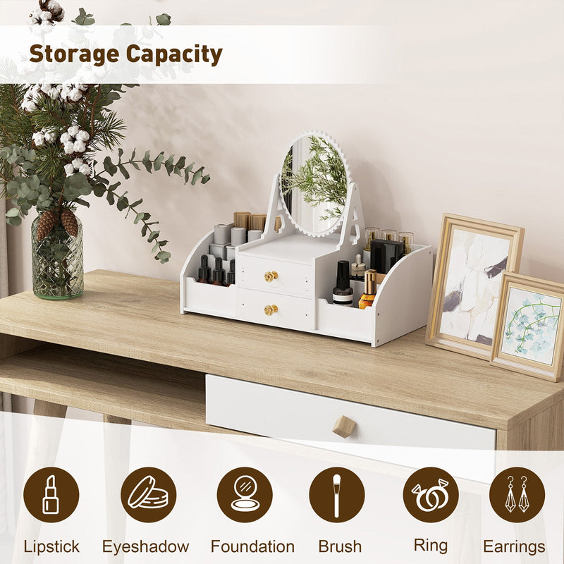 Cosmetics Storage for Vanity with Rotating Mirror, 2 Drawers and 4 Compartments Makeup Storage