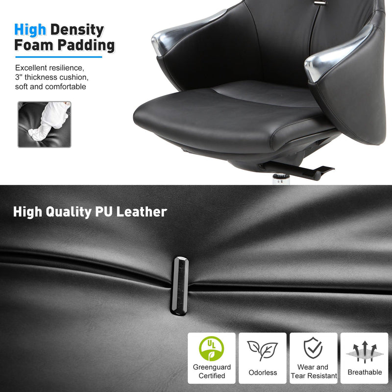 Executive Office Chair, Ergonomic Leather Chair with Adjustable Height and Tilt, 360° Swivel, Computer Desk Chair for Office Home, Black