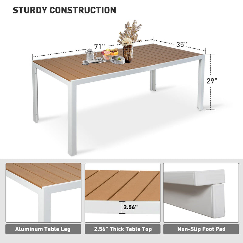 Patio Outdoor Table with Umbrella Hole for 8 Person, 71" Aluminum Frame Rectangle Table