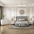 4-Pieces Bedroom Sets Queen Size Upholstered Bed with Three Drawers, High Gloss Mirrored Nightstands and Dresser with Metal handles and Legs