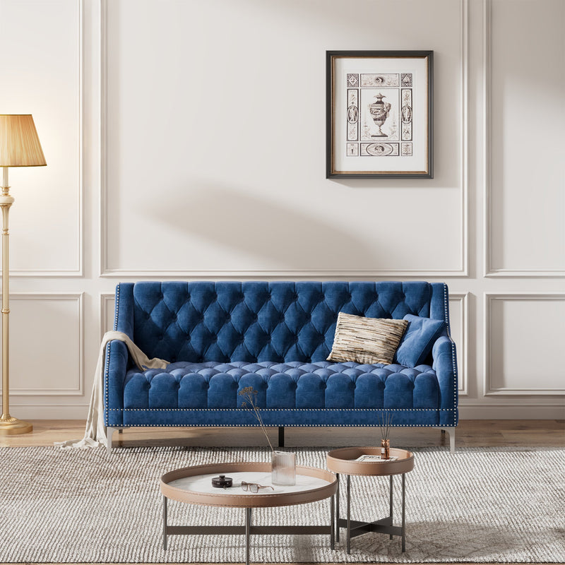 78" Modern Sofa Dutch Plush Upholstered Sofa with Metal Legs, Button Tufted Back Blue
