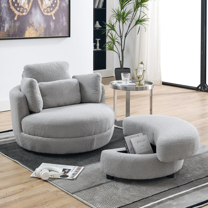 39" W Oversized Swivel Chair with moon storage ottoman for Living Room, Modern Accent Round Loveseat Circle Swivel Barrel Chairs for Bedroom Cuddle Sofa Chair Lounger Armchair, 4 Pillows, Teddy Fabric