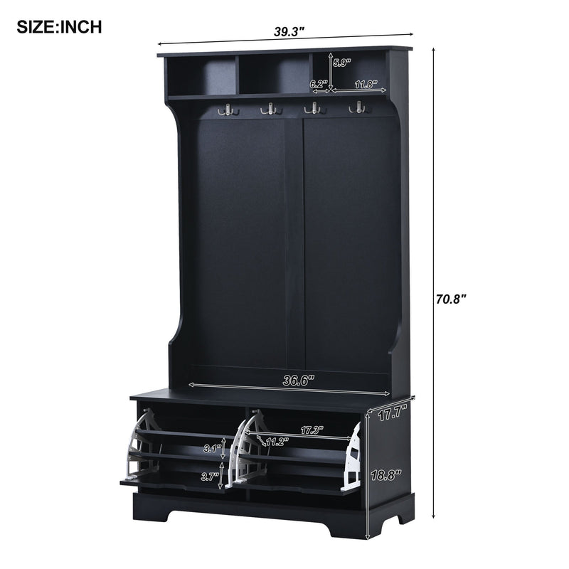 All in One Hall Tree with 3 Top Shelves and 2 Flip Shoe Storage Drawers, Wood Hallway Organizer with Storage Bench and Metal Hanging Hooks, Black