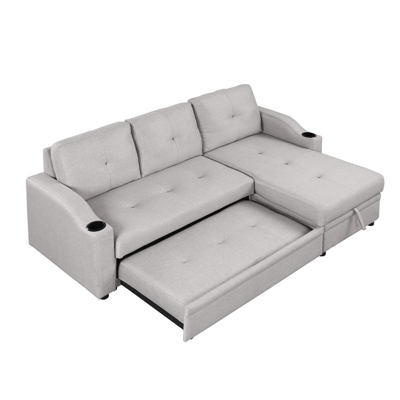 80.3" Pull Out Sofa Bed Modern Padded Upholstered Sofa Bed, Linen Fabric 3 Seater Couch with Storage Chaise and Cup Holder, Small Couch for Small Spaces