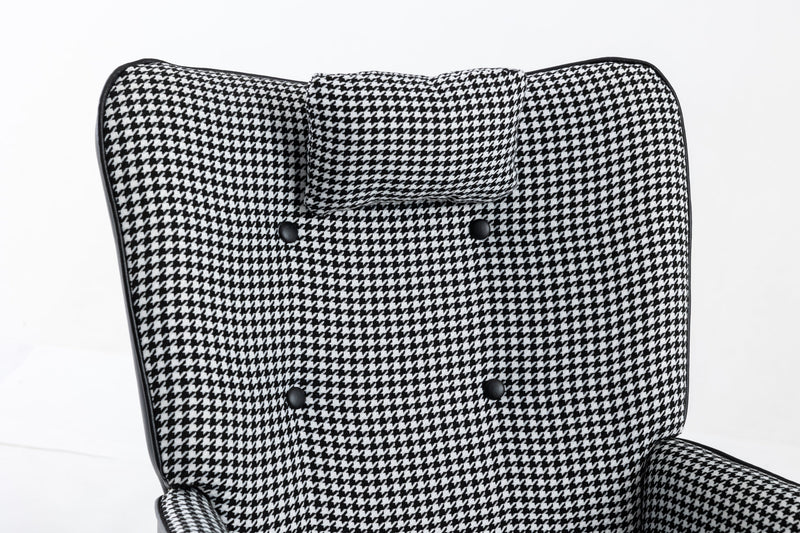 35.5 inch Rocking Chair with Footrest, Soft Houndstooth Fabric Leather Fabric Rocking Chair for Nursery, Comfy Wingback Glider Rocker with Safe Solid Wood Base for Living Room Bedroom Balcony (black)