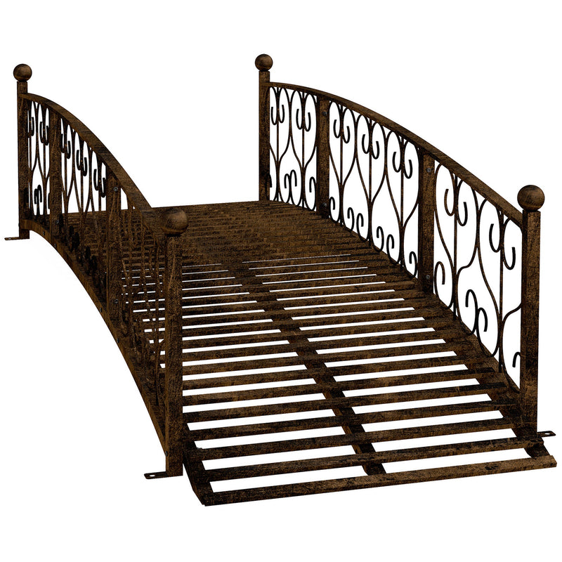 7' Metal Arch Garden Bridge with Safety Siderails, Decorative Arc Footbridge with Delicate Scrollwork "S" Motifs for Backyard Creek, Stream, Fish Pond, Bronze