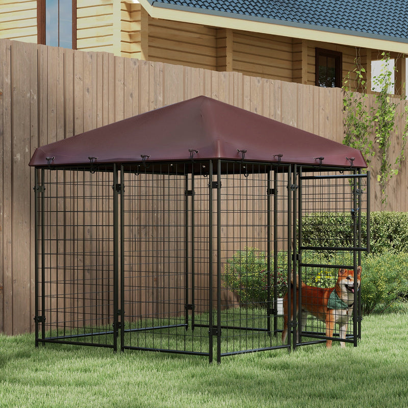 4.6' x 5' Dog Kennel Outdoor with Waterproof Cover, Dog Playpen for Small and Medium-Sized Dogs with Two Part Door Design, Brown
