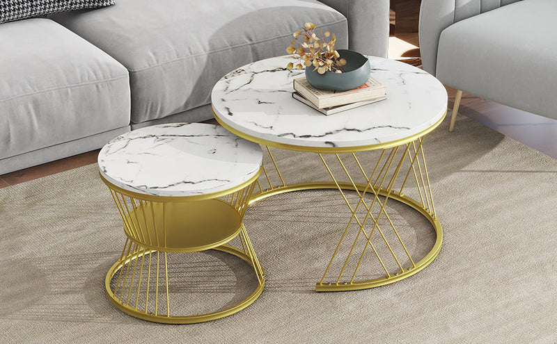 27.5" & 17.7" Nesting Coffee Table with Marble Grain Table Top, Golden Iron Frame Round Coffee Table, Set of 2, for Living Room, Balcony, White