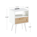15.75" Rattan End Table With Power Outlet & USB Ports, Modern Nightstand With Drawer And Solid Wood Legs, Side Table For Living Room, Bedroom by HouseOfZazla