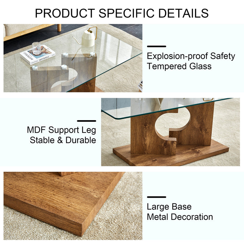 A rectangular modern and fashionable coffee table with tempered glass tabletop and wooden color MDF legs. Suitable for living room.47.2"x25.5"x18"