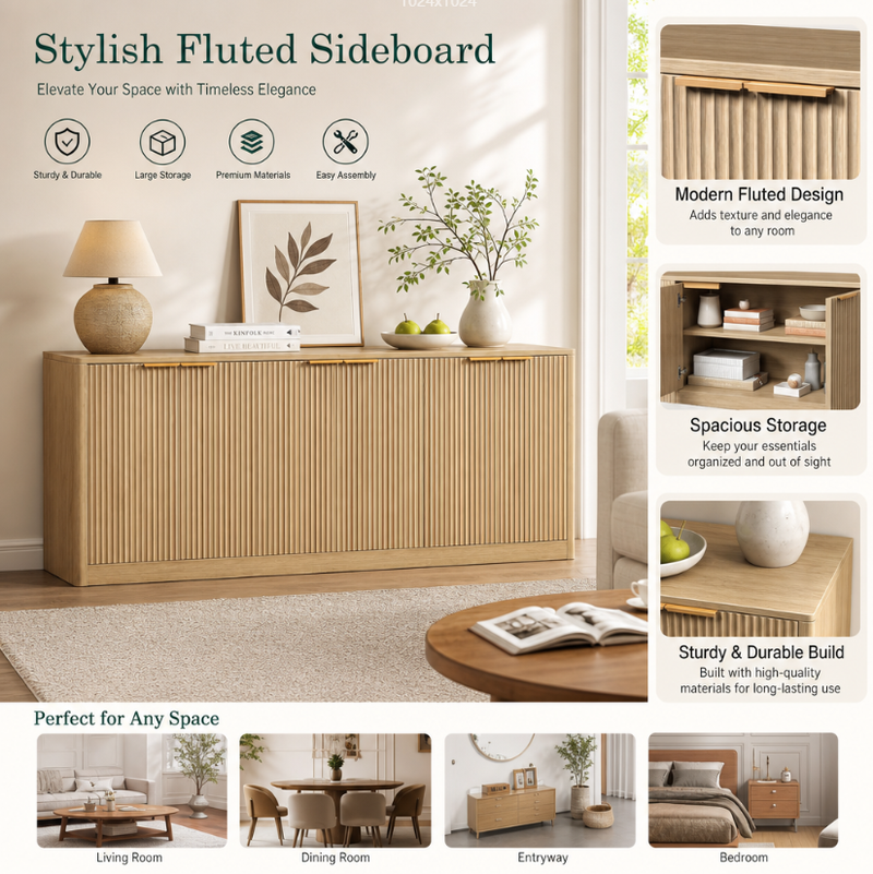 Natural Wood Sideboard Cabinet Farmhouse Buffet Cabinet, photo 5 of 6