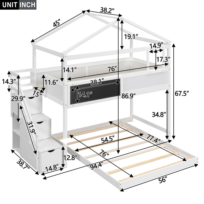 Walker Edison | Twin over Full House Bunk Bed with Storage Staircase and Blackboard, White