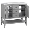 36" Bathroom Vanity with Ceramic Basin, Two Cabinets and Drawers, Open Shelf, Solid Wood Frame, Grey