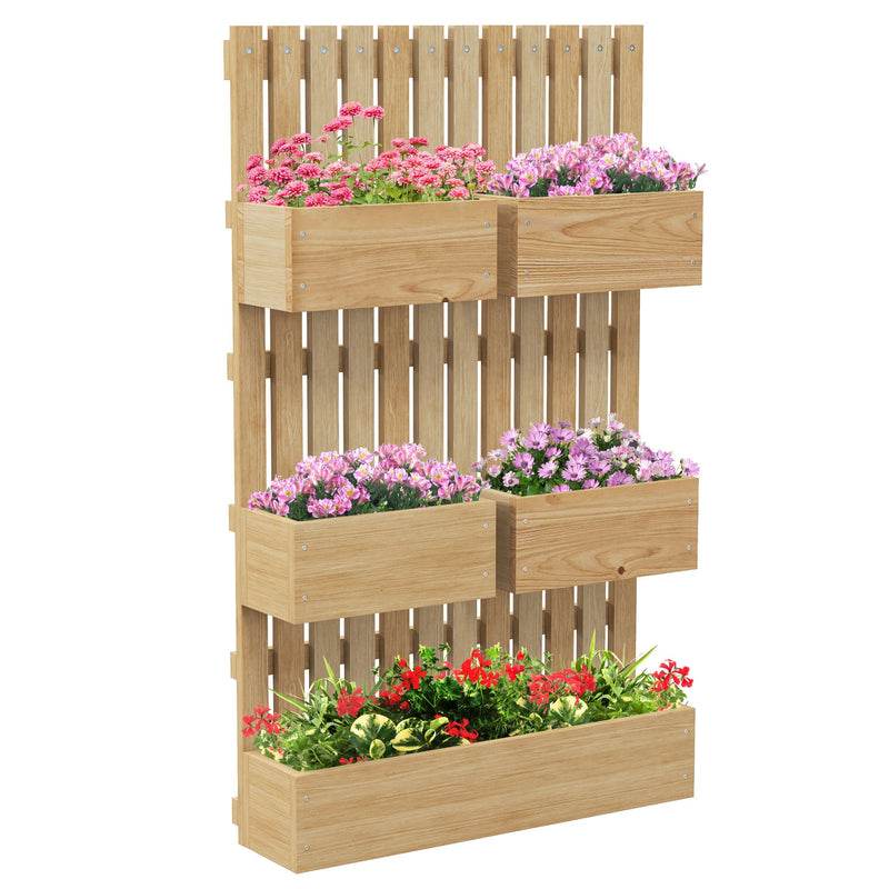 5 Box Raised Garden Bed with Trellis for Vine Flowers & Climbing Plants, 39" Tall Wall-Mounted Wood Planter Box Set with Adjustable Height, Drainage Hole, Natural