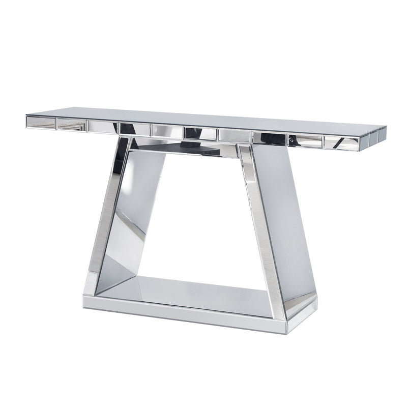 Modern Luxe Full-Body Mirror Entryway Table with Trapezoid Base, 360° Reflective Console, Scratch-Resistant, Open Storage, Silver, MDF & Glass, 55.9'