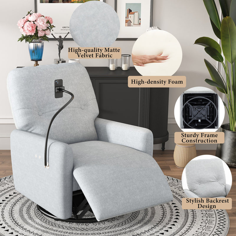 270 Degree Swivel Electric Recliner Home Theater Seating Single Reclining Sofa Rocking Motion Recliner with a Phone Holder for Living Room, Grey