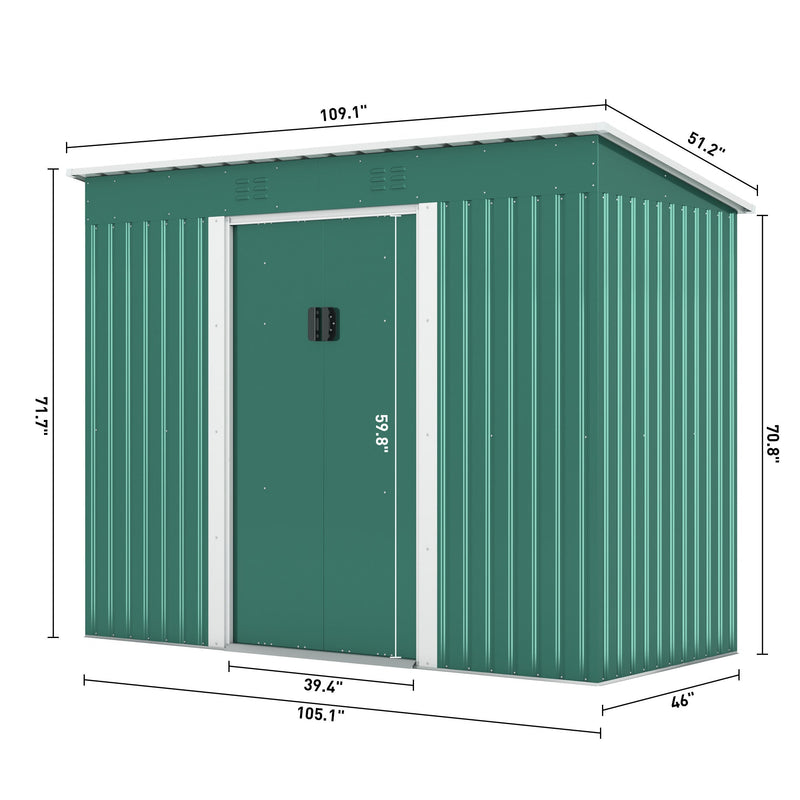 4.2 x 9.1 Ft Outdoor Storage Shed, Metal Tool Shed with Lockable Doors Vents, Utility Garden Shed for Patio Lawn Backyard, Green