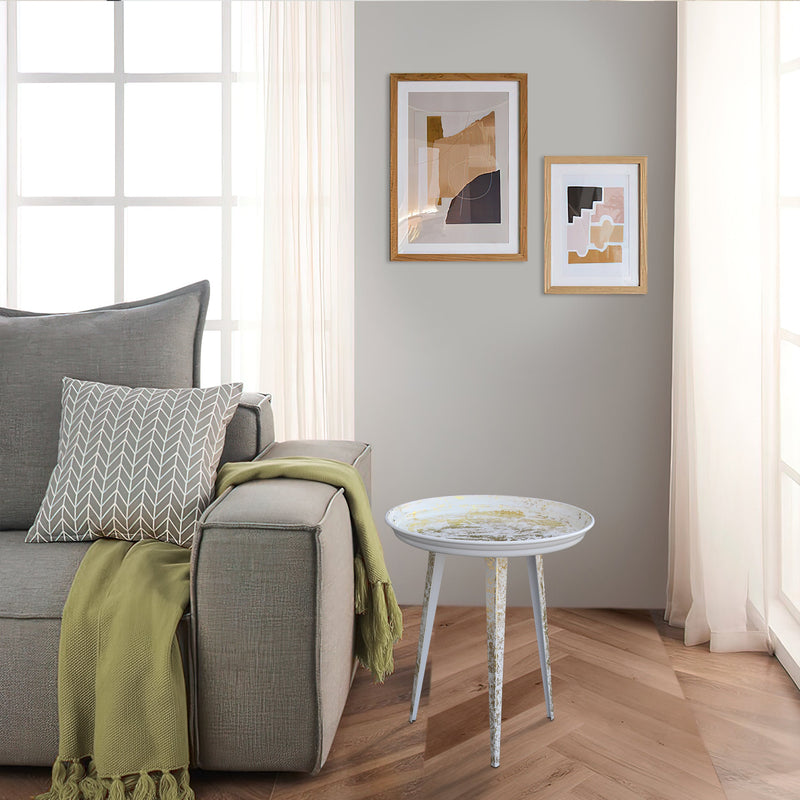 20 Inch Artisanal Industrial Round Tray Top Iron Side End Table, Tripod Base, Distressed White, Gold