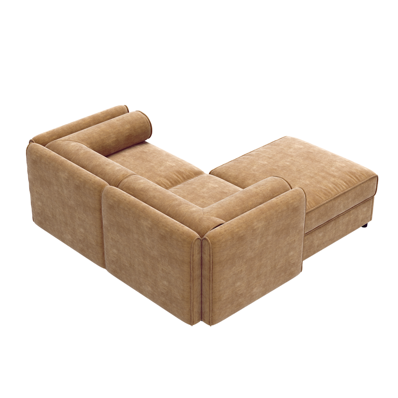 Modern Stylish Camel Chenille 2-Seater Sofa with Ottoman Storage and Cylindrical Backrest