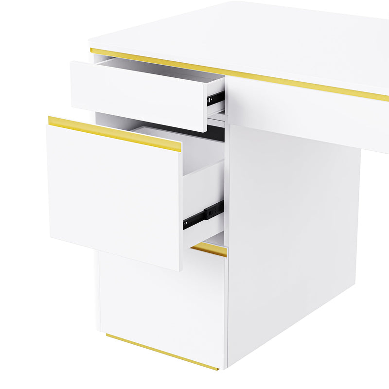60"Modern Executive Desk,White Curved Computer Desk with Gold Metal Legs,3-Drawers Home Office Desk,Writing Desk with 1 Storage Cabinet for Home Office,Living Room,Gold+White