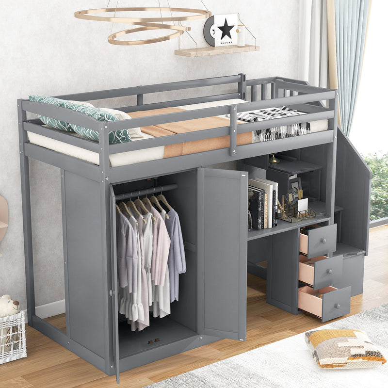 Walker Edison | Twin Size Loft Bed with Wardrobe and Staircase, Desk and Storage