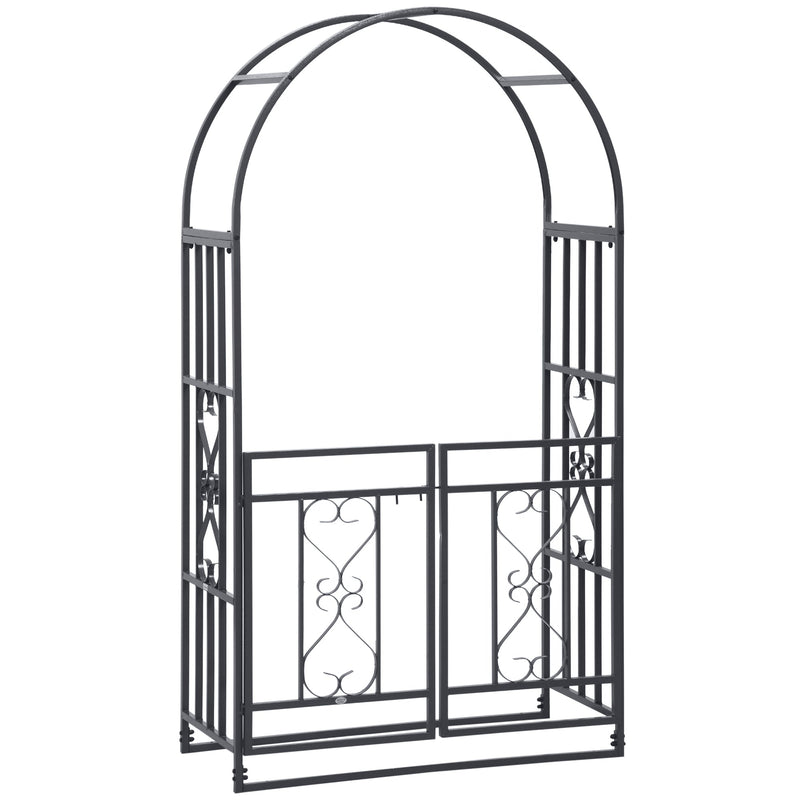 81" Metal Garden Arbor with Double Doors, Locking Gate, Climbing Vine Frame with Heart Motifs, Arch for Wedding, Bridal Party Decoration, Grey