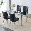 A modern minimalist style glass dining table. Transparent tempered glass tabletop with a thickness of 0.3 feet and silver metal legs. Suitable for restaurants and living rooms. 63 "x 35.4" x 30"