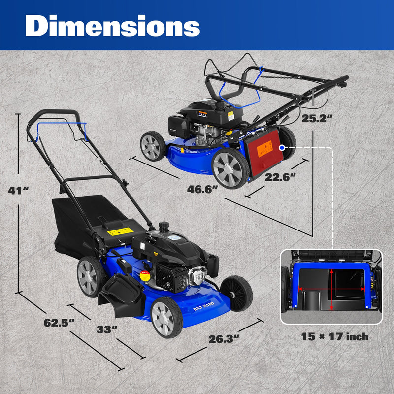 BILT HARD 21" Self-Propelled Gas Lawn Mower – 201cc 4-Cycle Engine, 3-in-1 Mulching, Bagging & Side Discharge, 8-Position Height Adjustment, Easy Start