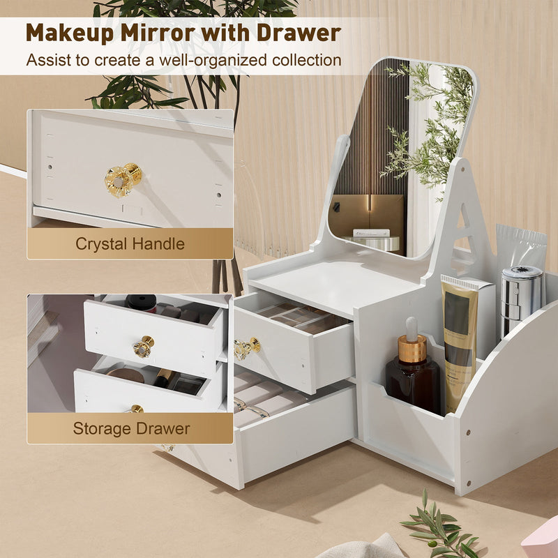 Cosmetics Storage for Vanity with Rotating Mirror, 2 Drawers and Compartment Makeup Storage