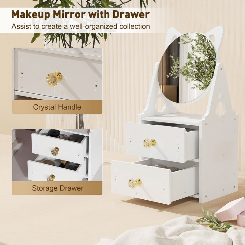 Cosmetics Storage for Vanity with Round Rotating Mirror, 2 Drawers Desktop Makeup Storage