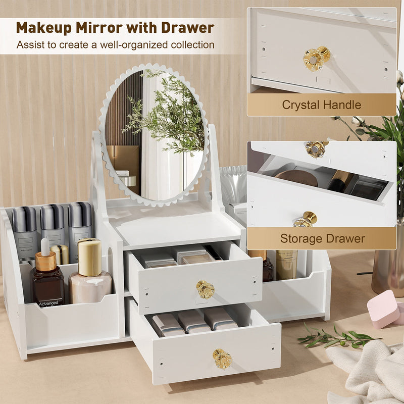 Cosmetics Storage for Vanity with Rotating Mirror, 2 Drawers and 4 Compartments Makeup Storage