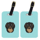 Checkerboard Blue Longhair Black and Tan Dachshund Luggage Tag
