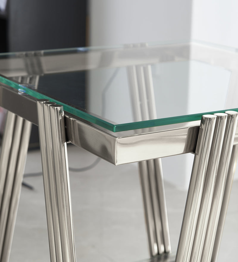 Modern Stainless Steel Coffee Table Set (Set of 2), Double-Layer Clear Tempered Glass Table Top, Coffee Table & End Side Table 2-Pieces Sets for Living Room Home Office, Silver