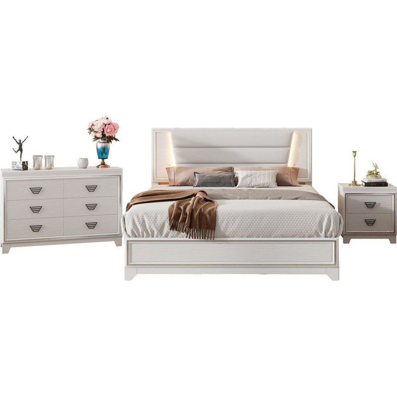 3-Pieces Bedroom Sets Queen Size Upholstered Bed with LED Lights, Nightstands and Dresser with Metal Handles and Sparkling Shiny Decoration, White