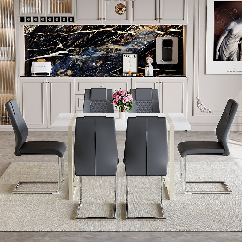 Table and chair set.55'x31.4' Cream-Style White MDF Dining Table Set with 6 Dark Gray Chairs With Silver Metal Legs.MDF Tabletop and metal frame legs.Adding a warm atmosphere to your family.