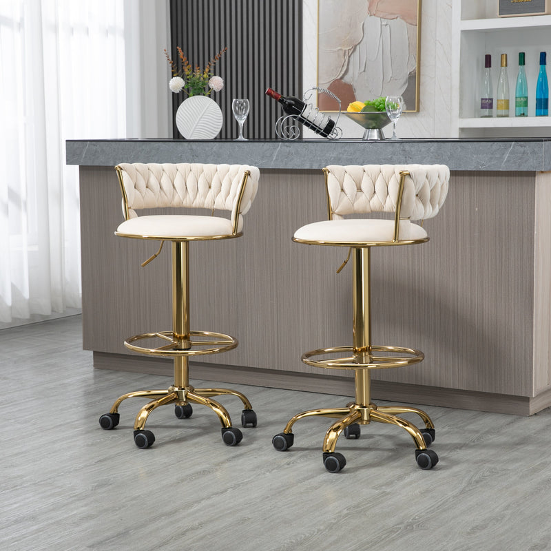 360 Adjustable Barstools Set of 2, Ergonomic Drafting Chair with Round Footrest and Backrest, Swivel Rolling Wheels for Spa, Studio, Classroom, Lab, Counter, Salon, Ivory