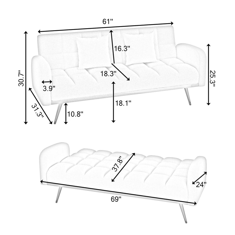 69 Inch Sofa Bed Pink with Adjustable Teddy Sofa for Small Space Living Room and Bedroom