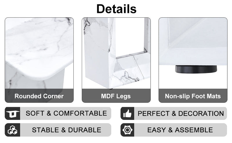 A simple dining table. A dining table with a white marble pattern. 4 PU synthetic leather high backrest cushioned side chairs with C-shaped silver metal legs. DT-SQ-16090-wh