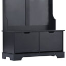 All in One Hall Tree with 3 Top Shelves and 2 Flip Shoe Storage Drawers, Wood Hallway Organizer with Storage Bench and Metal Hanging Hooks, Black