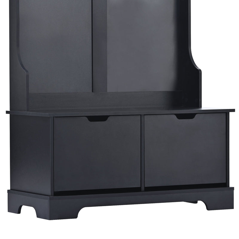 All in One Hall Tree with 3 Top Shelves and 2 Flip Shoe Storage Drawers, Wood Hallway Organizer with Storage Bench and Metal Hanging Hooks, Black