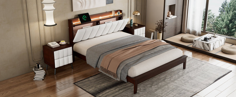 3-Pieces Bedroom Sets,Queen Size Wood Platform Bed and Two Nightstands,Storage Platform bed with USB and LED Lights-Walnut+Beige