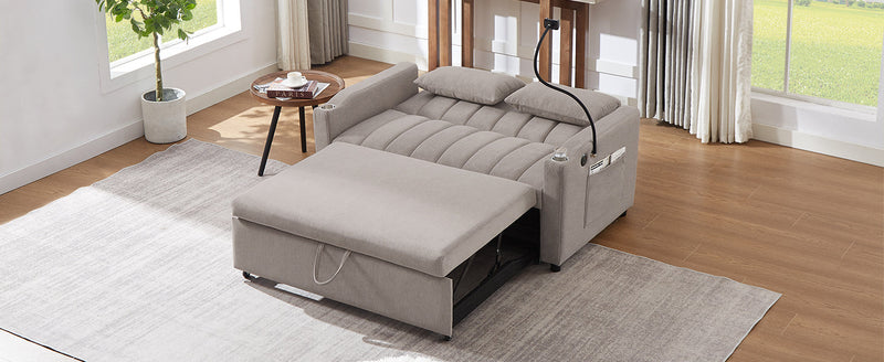 55.9" Convertible Sofa Bed Loveseat Sofa with Three USB Ports, Two Side Pockets, Two Cup Holders and 360Swivel Phone Holder for Living Room, Light Grey