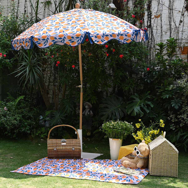 LAGarden 6ft Outdoor Patio Wood Market Umbrella Scalloped Edge 8-Rib Orange Grapefruit