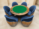 Whiskey & Wine Barrel Lounge Chair — Hidden Storage, Memory Foam, Blue Denim Upholstery (Limited)
