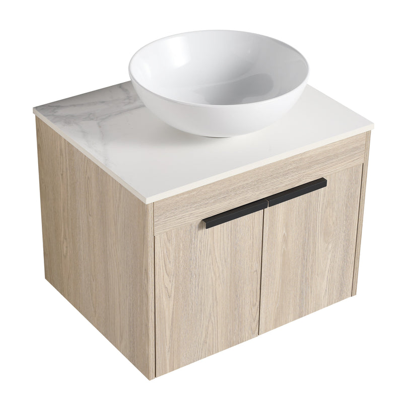 24" Modern Design Float Bathroom Vanity With Ceramic Basin Set, Wall Mounted White Oak Vanity With Soft Close Door, KD-PackingD-Packing Pieces