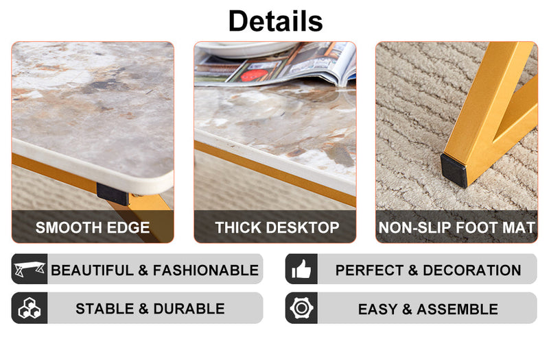 A modern minimalist style marble patterned coffee table with golden metal legs. Computer desk. Game table. Tea table. CT-XX